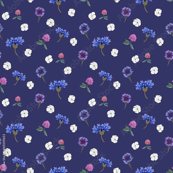 Obraz Seamless pattern of cornflowers, clover and cotton on a blue background