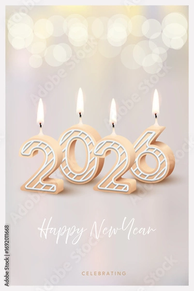 Fototapeta 2026 Happy New Year greeting card vector background. 2026 candle numbers with fire on beige. Festive sparkle holiday postcard, invitation, banner for social media.