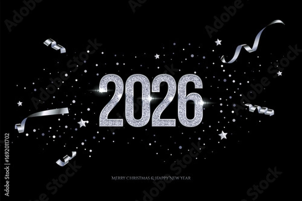 Fototapeta 2026 Happy New Year greeting card vector background. 2026 silver numbers with confetti and congratulation text on black. Luxury festive sparkle holiday postcard, invitation, banner for social media