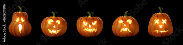 Fototapeta Halloween glowing pumpkins on black background with carved scary, funny, spooky and stitched faces. Festive jack lantern collection in dark night style. Holiday vector illustration.