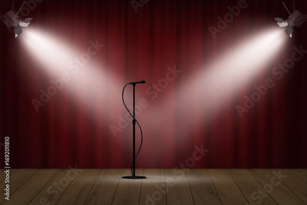 Fototapeta Microphone with spotlight on stage. Stand-up comedy wooden stage with spotlight beams, red theater drape, wooden floor and empty mic. Realistic vector illustration