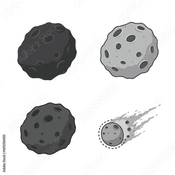 Fototapeta Asteroids Cartoon asteroids, some with trails, in various gray shades