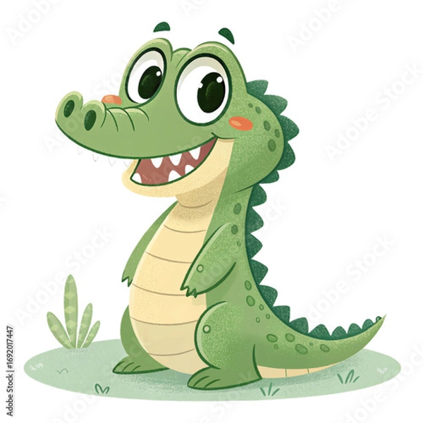 Fototapeta Cute cartoon crocodile with smiling face on transparent background for kids illustrations, educational posters, zoo branding and fun stickers