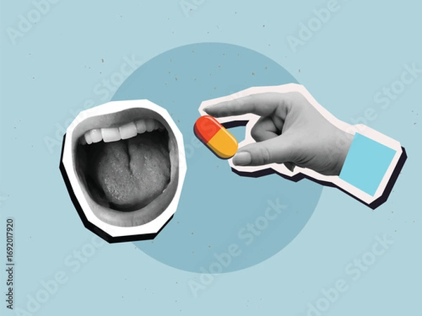 Fototapeta A hand extends a capsule pill into an open mouth. Modern collage style. Vector illustration