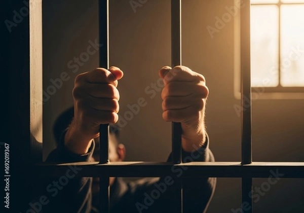 Fototapeta Imprisoned: A poignant portrayal of captivity, with hands gripping cold steel bars, a chilling representation of confinement and the somber weight of lost freedom.