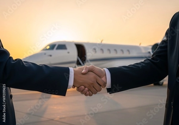 Fototapeta Business Handshake by Private Jet: The image encapsulates the essence of successful business partnership and high-end travel.