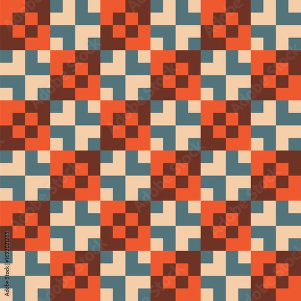 Fototapeta Pattern created from small orange and brown squares in larger cream and blue-grey squares
