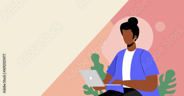 Fototapeta Illustration of a woman with dark skin working on a laptop in a stylized, modern setting with colorful shapes and plant elements. Ideal for remote work, business, technology, or creative concepts.