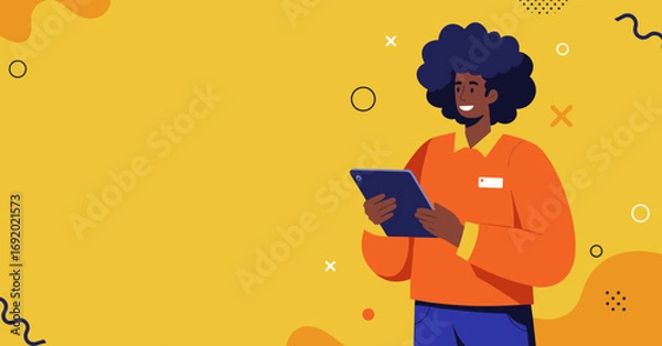 Fototapeta Friendly person with a nametag using a digital tablet on a vibrant yellow background with abstract elements, depicting modern customer service or digital work.