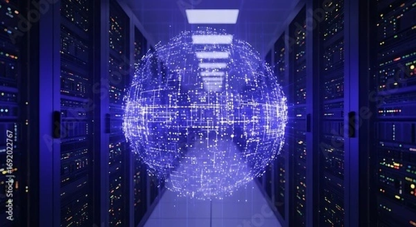 Fototapeta Data Center Globe - Network Infrastructure and Global Connectivity.