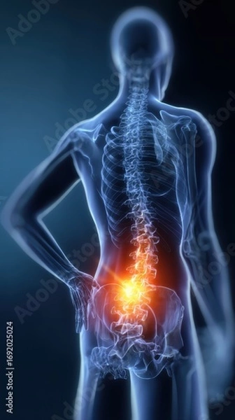 Fototapeta High resolution medical illustration of a man in an x-ray standing with one hand holding his lower back and experiencing pain.