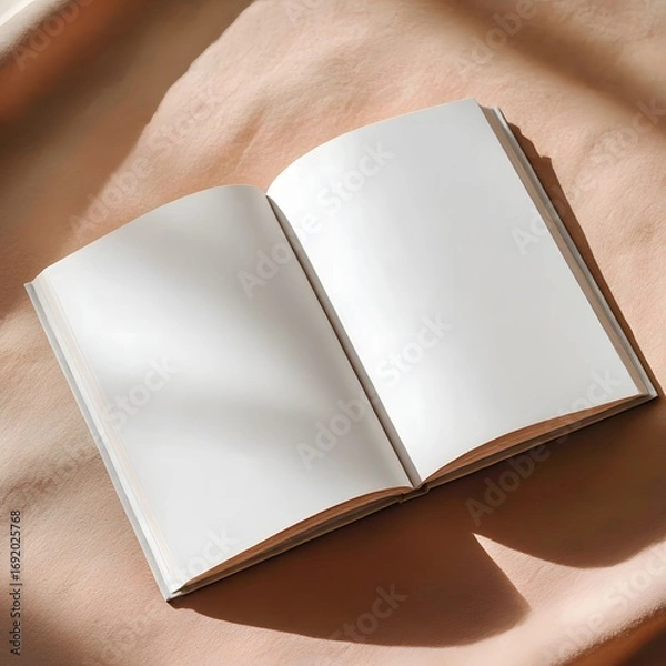 Fototapeta Blank open book on textured surface with soft natural light and shadow play