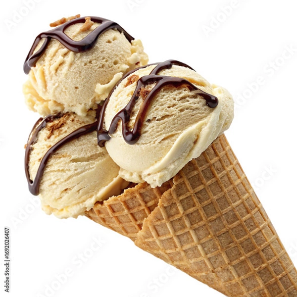 Fototapeta Creamy ice cream cone with two scoops and chocolate drizzle on transparent background for dessert branding and summer campaigns