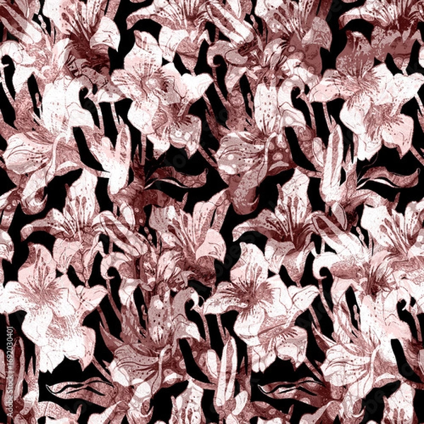 Fototapeta Monochrome brown seamless pattern with silhouettes lily flowers drawn by hand. Home textile, wallpaper, fabric, bedding, package, posters.