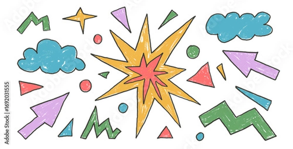 Fototapeta Vibrant abstract geometric elements crayon drawn set. Arrow, clouds and star with triangles doodle shapes on white background. Kindergarten naive figures. Vector childish scribble graphic wax crayon i