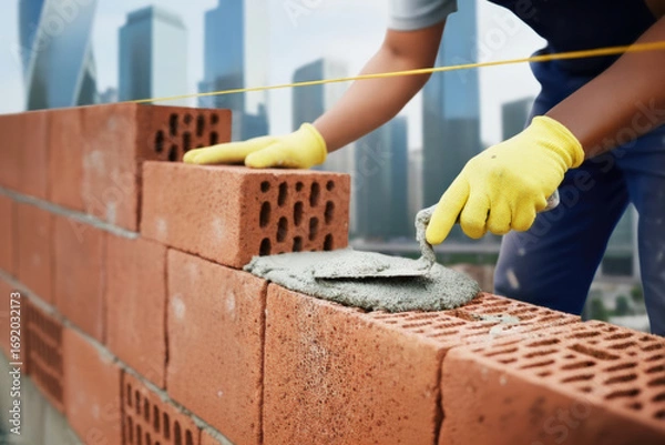Fototapeta Skilled construction worker laying bricks with precision, using trowel and mortar, in a modern urban setting, showcasing craftsmanship and dedication to building