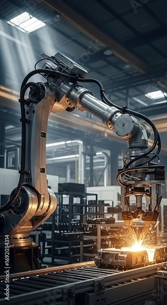 Fototapeta Industrial Robot Arm Welding in a Factory Setting with Sparks.