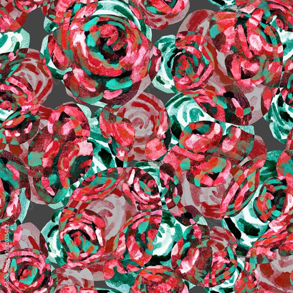 Fototapeta Abstract optical illusion effect flowers in red green tones seamless pattern. Home decor, modern interior, beauty package, textile, wallpaper, fabric, bedding, package, outerwear.