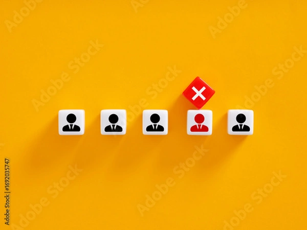 Fototapeta Red cross mark eliminating candidate during recruitment process on yellow background