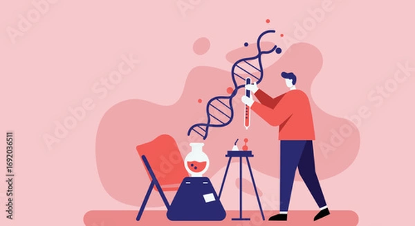 Fototapeta A scientist conducting genetic research, working with a large DNA helix and lab equipment. Ideal for medical, biotechnology, and educational content.