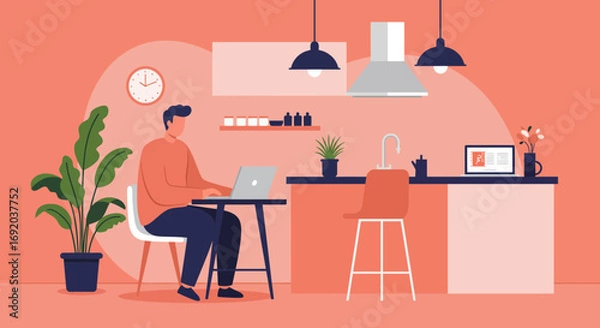 Fototapeta Man working remotely on a laptop at home in a modern kitchen, illustrating productivity, freelance lifestyle, and comfortable flexible work environment.