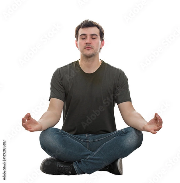 Fototapeta Calm young man sitting on the floor with eyes closed and crossed legs and raising hands showing zen gesture like practicing yoga. Relaxed guy meditate in lotus pose isolated on transparent background