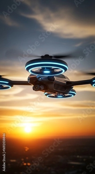 Fototapeta Futuristic Drone Soaring Above Cityscape at Sunset - Advanced Technology in Action.
