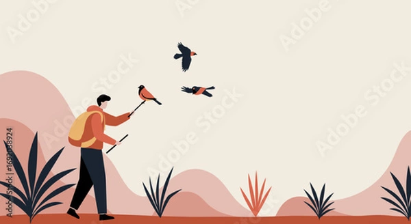 Fototapeta A minimalist illustration of a person birdwatching in a serene natural landscape, connecting with wildlife. Represents outdoor hobbies, exploration, and tranquility.
