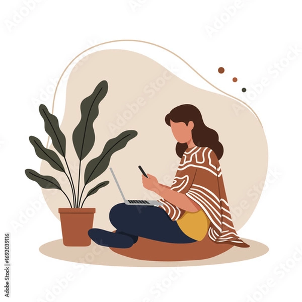 Fototapeta Woman working remotely from home using a laptop and smartphone, illustrating a modern, flexible, and productive lifestyle. Ideal for business, technology, and wellness themes.