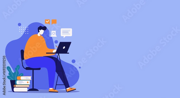 Fototapeta Young man working remotely on laptop, engaged in online tasks and communication. Ideal for concepts of productivity, freelance, e-learning, and remote work lifestyle.