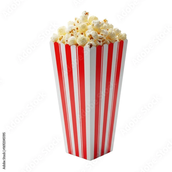 Fototapeta Classic red and white striped rectangular popcorn box overflowing with freshly popped, fluffy golden-white popcorn, isolated on a seamless transparent background, concept of movie night enjoyment
