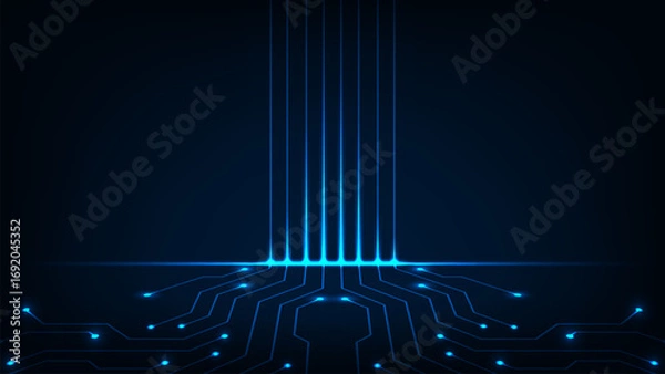 Fototapeta Line circuit board with glowing electronics element on blue background, Hi tech panal of connected line