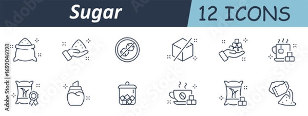 Fototapeta Sugar set icon. Granulated spoon, sugar cube, sweetener label, sealed bag, hot drink, crystal design, jar container, zero sugar icon, product quality, and natural sweet powder.