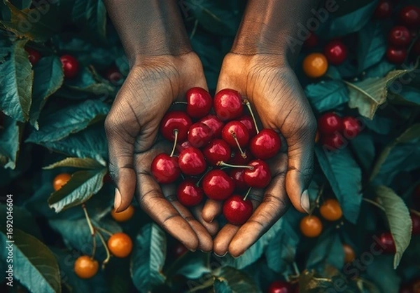 Obraz Close-up of hands holding fresh red cherries, a bowl full with cherry fruit in the background.