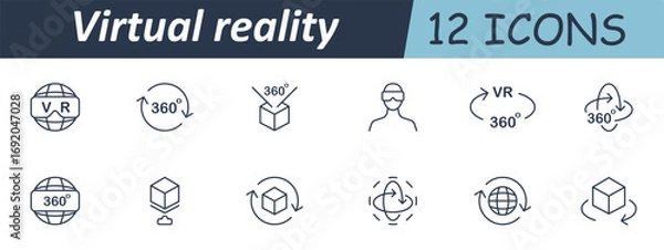Fototapeta Virtual reality set icon. Line headsets, 360-degree arrows, rotating cubes, spheres, globes, human figure with headset, and motion indicators in digital environment