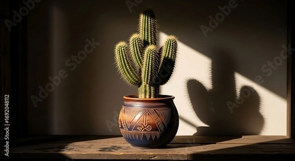 Fototapeta Cactus in Pot with Dramatic Lighting and Shadow Play.