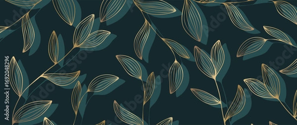 Fototapeta Golden branches with leaves abstract horizontal vector luxury design. Botanical illustration with golden elements