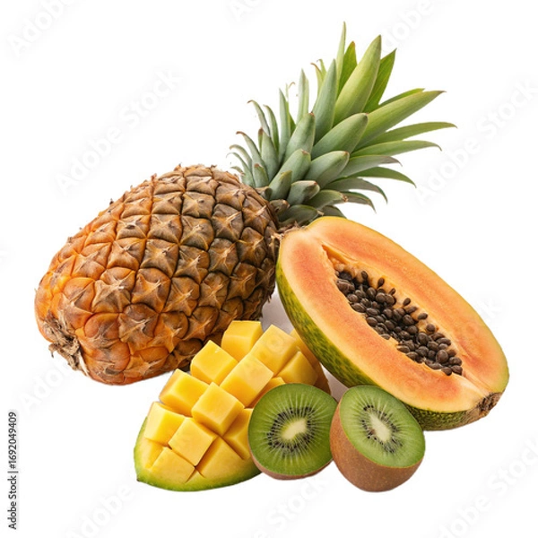 Fototapeta Fresh tropical fruit mix with pineapple, mango, papaya, and kiwi slices on transparent background for smoothie branding and summer menus