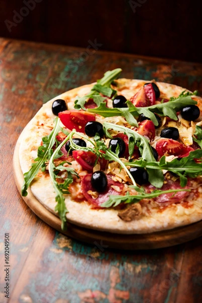 Fototapeta Pizza with salami, tomatoes and mozzarella cheese, black olives and arugula. Rustic wooden background. Soft focus.