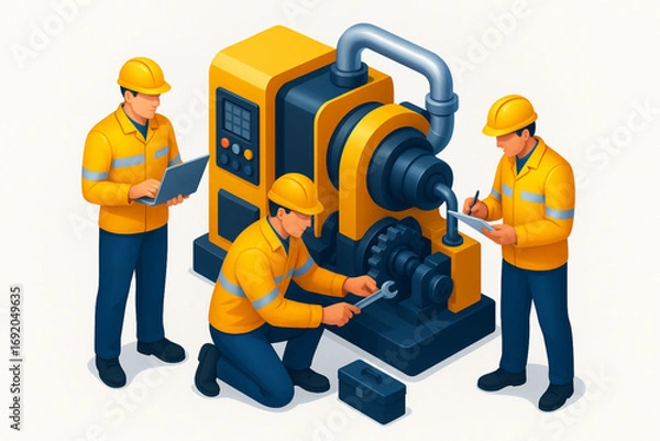 Fototapeta Semi-Realistic Gradient Vector of Engineers Fixing Industrial Machine