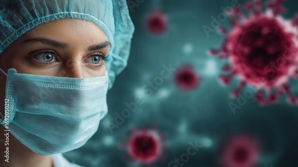 Fototapeta Medical professional wearing a surgical mask and cap, gazing intently at floating virus particles in a blurred background, representing the fight against infectious diseases and health awareness