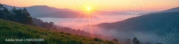 Fototapeta Serene landscape bathed in the soft glow of dawn, mist clinging to the hills, creating an ethereal backdrop for any design project Perfect for travel, nature, or peaceful themes , ethereal, dawn