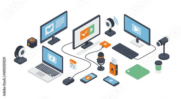 Fototapeta Modern isometric home office setup for digital content creation