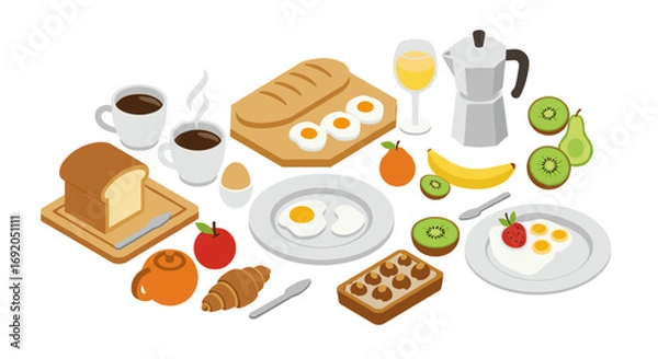 Fototapeta Isometric breakfast set with eggs, bread, fruit, and coffee