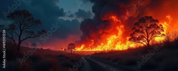 Fototapeta Fiery inferno raging in the night, engulfing dry brush and trees, casting an ominous orange glow Perfect for illustrating disaster, destruction, or the power of nature , scary, darkness, inferno