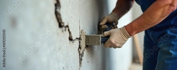 Fototapeta Skilled Construction Worker Meticulously Repairs Cracked Concrete Wall, Ensuring Structural Integrity and a Flawless Finish.  Focus on precision and detail in this close-up shot.