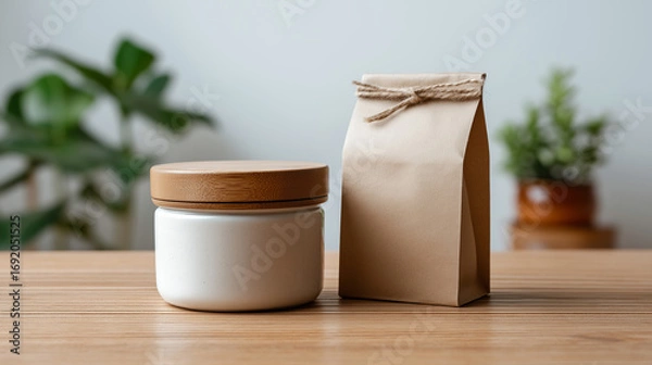 Fototapeta White ceramic jar with wooden lid placed beside a brown paper bag on a wooden table, surrounded by green plants, showcasing natural and minimalistic packaging design