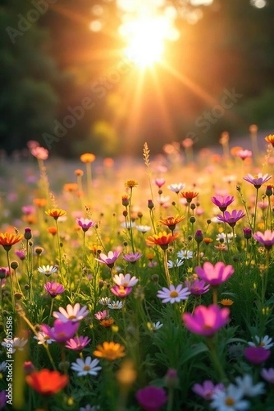 Fototapeta Golden hour sunlight bathes a vibrant meadow in a soft, pink-hued glow, wildflowers blooming in profusion, creating a dreamy, romantic scene Perfect for idyllic, nature-themed projects , calm, dreamy