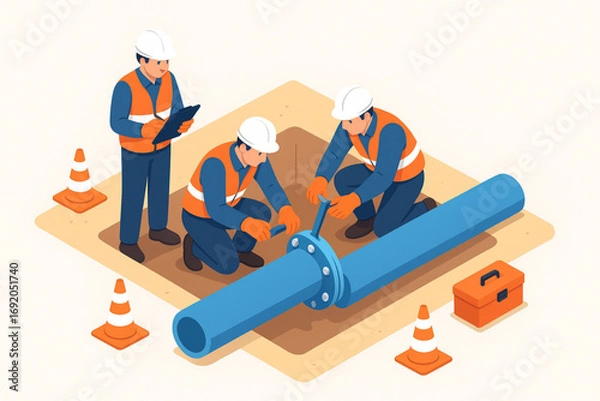 Fototapeta Industrial Engineers Repairing Pipeline System - Isometric Vector Illustration