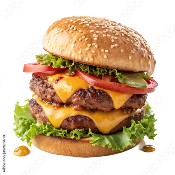 Fototapeta Gourmet burger with double beef patty, cheese, lettuce, tomato, and sesame bun on transparent background for restaurant branding